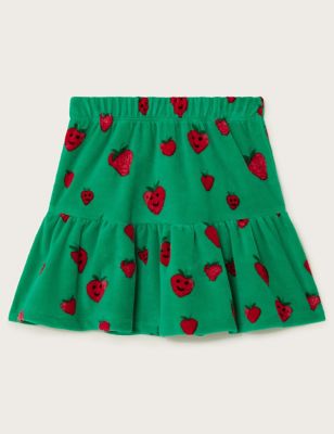 Monsoon Girl's Cotton Rich Strawberry Tiered Skirt (3-13 Yrs) - 7-8 Y - Green Mix, Green Mix