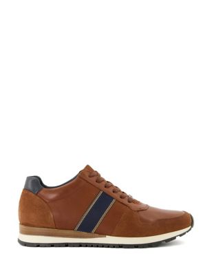 Dune London Men's Leather Lace Up Stripe Trainers - 7 - Tan, Tan,Navy