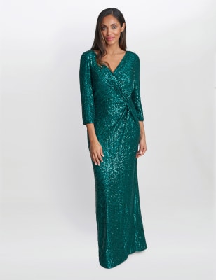 FAME AND PARTNERS Womens Navy Cut Out Floral Bell Sleeve V Neck Maxi Wrap Dress