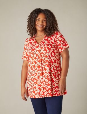 Live Unlimited London Womens Jersey Ditsy Floral V-Neck Pleat Detail Top - 14 - Red Mix, Red Mix,Blu
