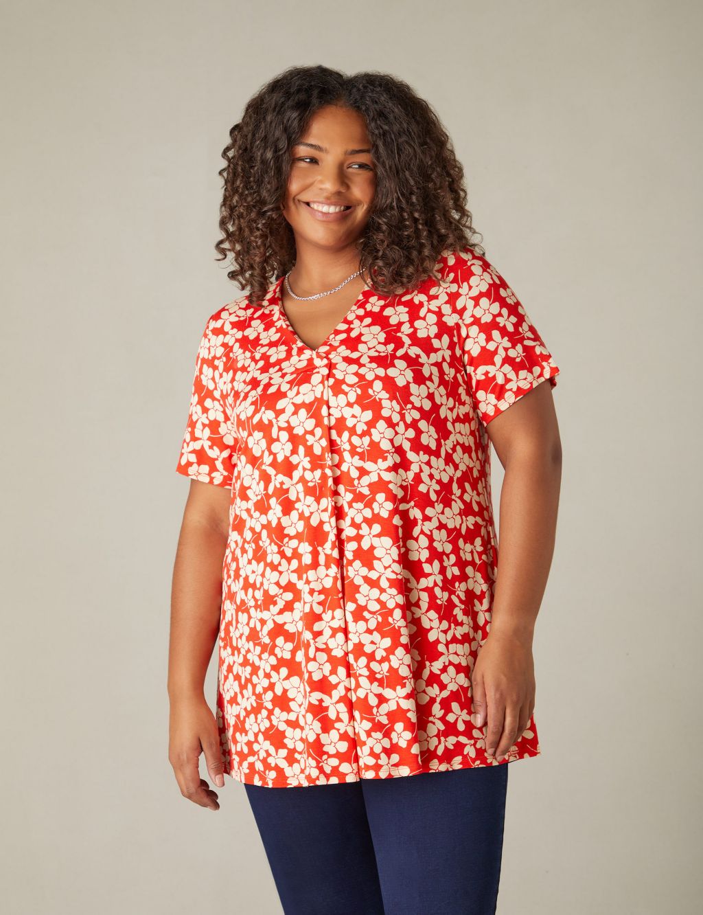 Jersey Ditsy Floral V-Neck Pleat Detail Top