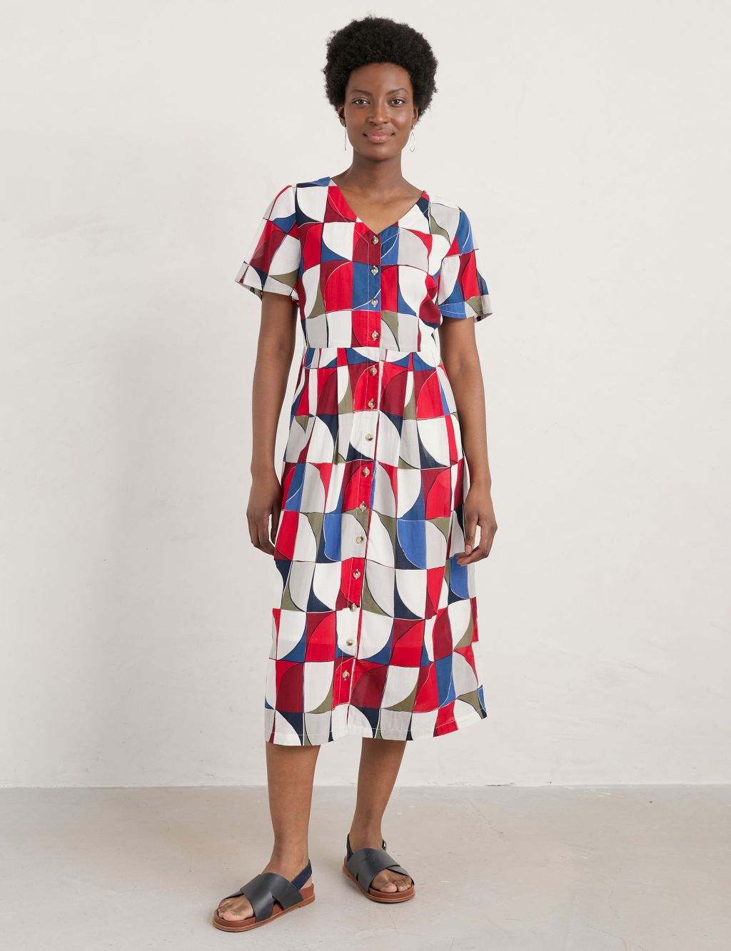 Cotton Blend Geometric V-Neck Midi Dress image 1