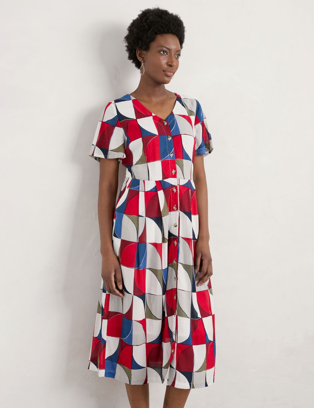 Cotton Blend Geometric V-Neck Midi Dress image 3