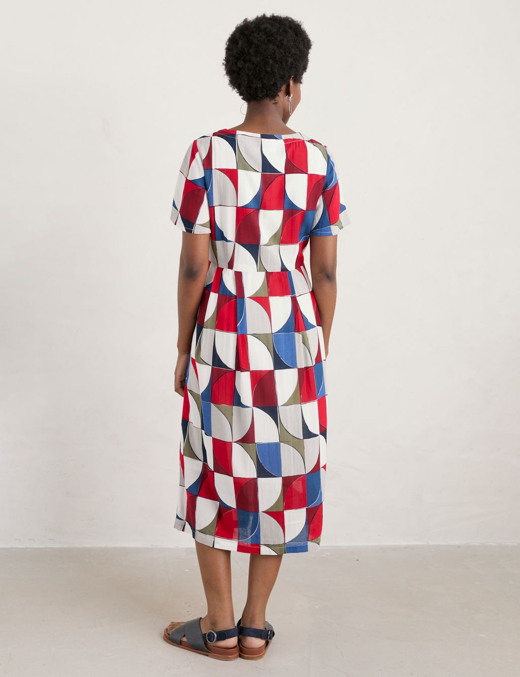 Cotton Blend Geometric V-Neck Midi Dress image 5