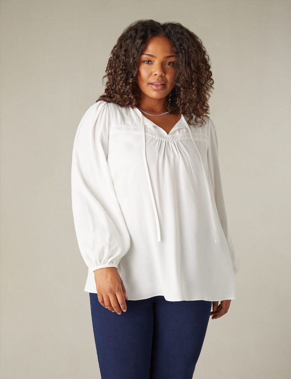 Tie Neck Lace Insert Relaxed Blouse