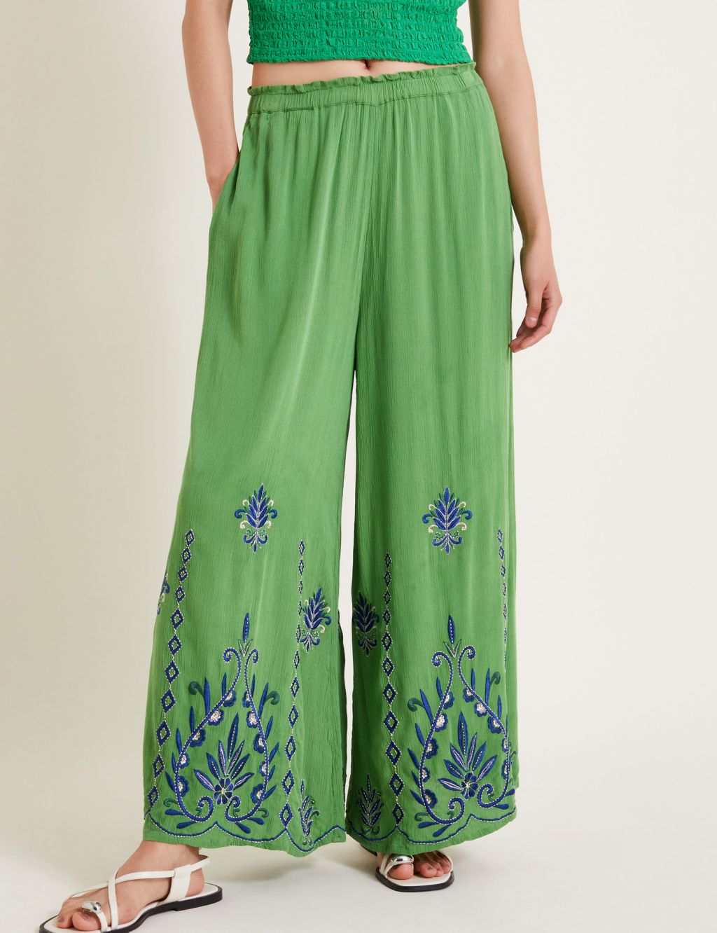 Embroidered Textured Wide Leg Trousers