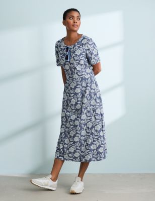 Seasalt Cornwall Womens Pure Cotton Floral Midaxi Waisted Dress - 8 - Blue Mix, Blue Mix
