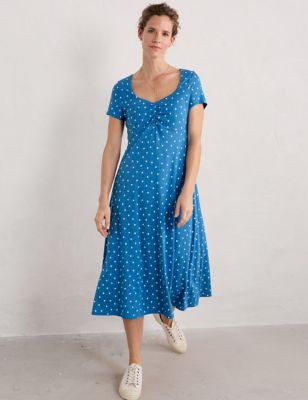 Seasalt Cornwall Womens Cotton Rich Polka Dot Midi Waisted Dress - 14 - Blue Mix, Blue Mix