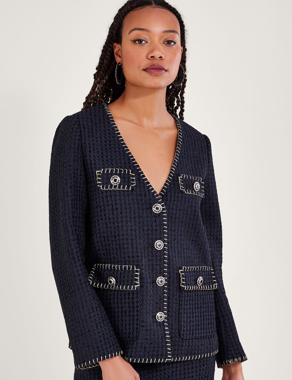 Tweed Textured Collarless Blazer image 1