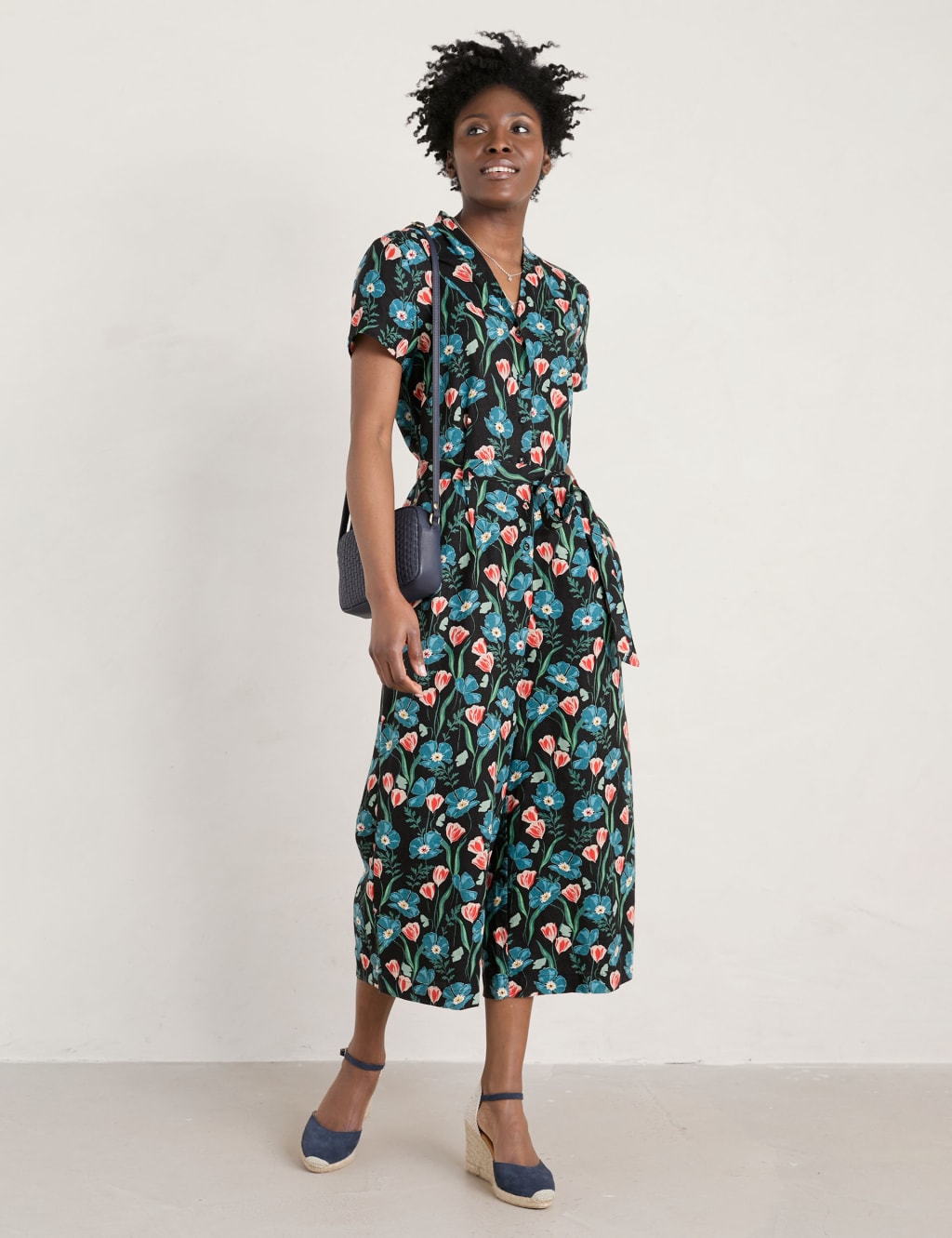 Pure Linen Floral Belted Cropped Jumpsuit image 1