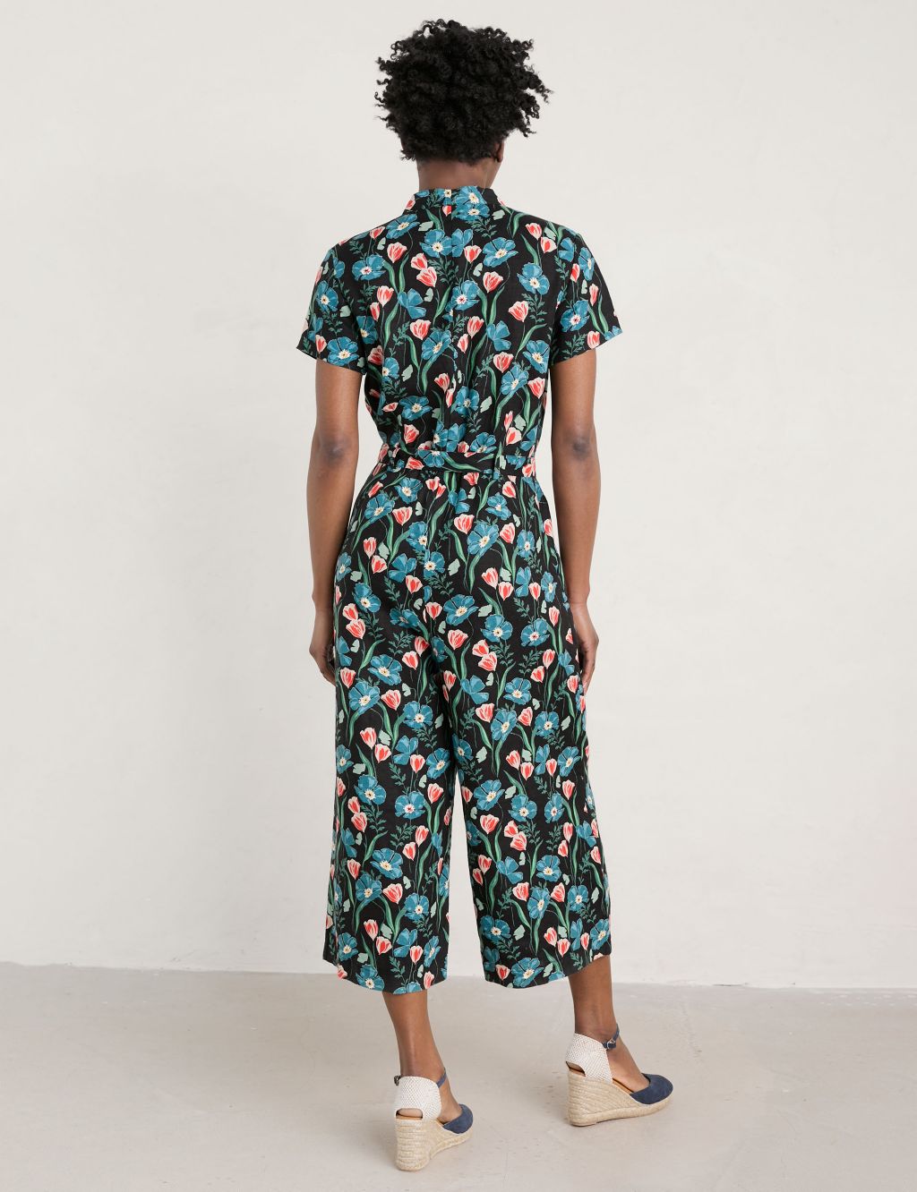 Pure Linen Floral Belted Cropped Jumpsuit image 3