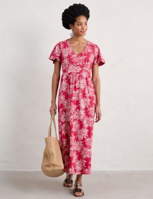 Seasalt Cornwall Womens Pure Cotton Floral V-Neck Maxi Dress - 20 - Red Mix, Red Mix