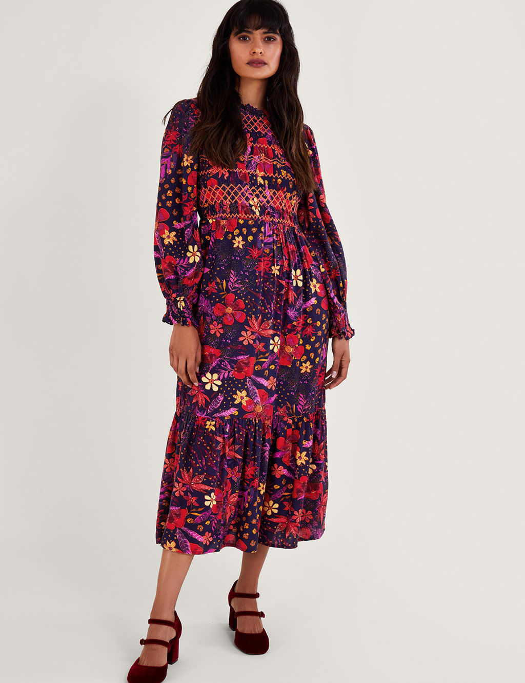 Floral High Neck Midi Smock Dress image 1