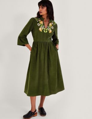 Monsoon Womens Pure Cotton Embroidered V-Neck Midaxi Dress - 10 - Green Mix, Green Mix