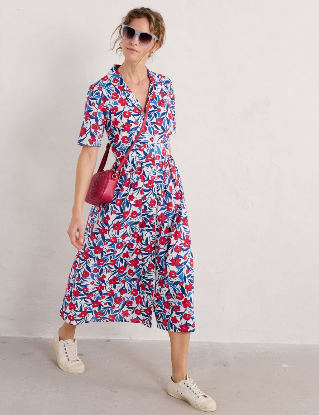 Pure Cotton Floral Midaxi Waisted Dress