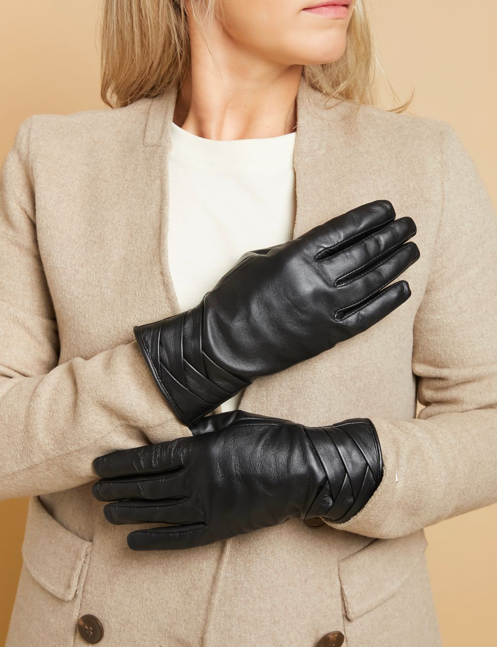 Leather Woven Detail Warm Lined Gloves