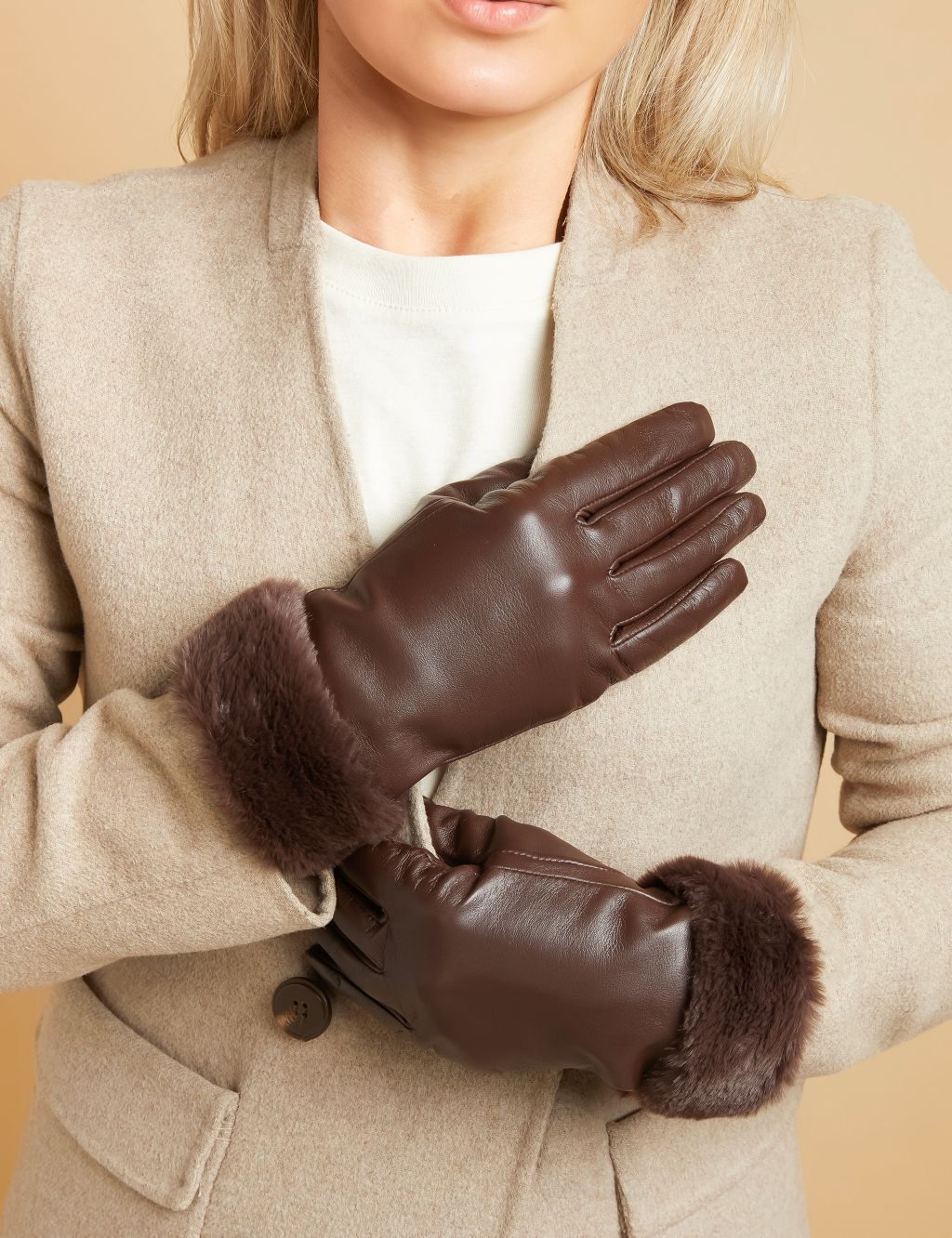 Leather Faux Fur Cuffed Warm Lined Gloves