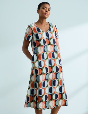 Seasalt Cornwall Womens Pure Linen Geometric V-Neck Midi Shift Dress - 10 - Multi, Multi