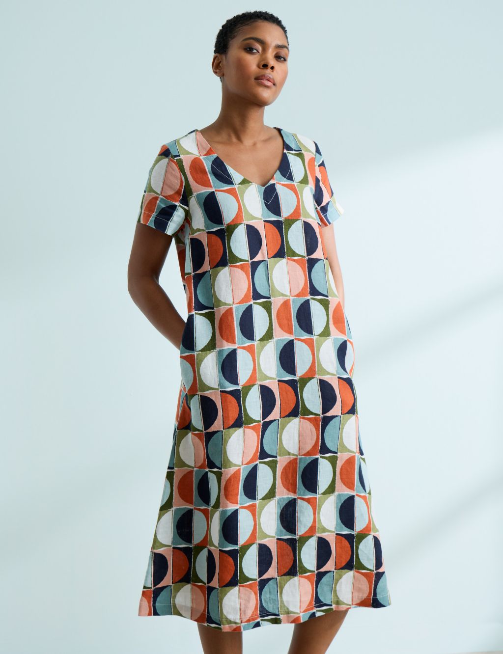 Pure Linen Geometric V-Neck Midi Shift Dress