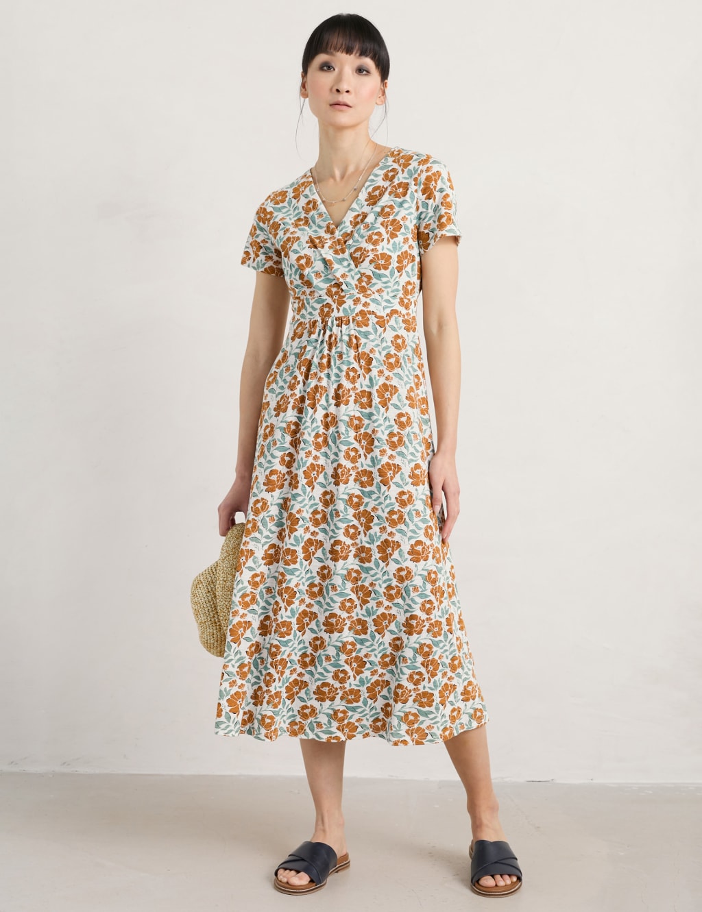 Jersey Floral V-Neck Midi Waisted Dress image 1
