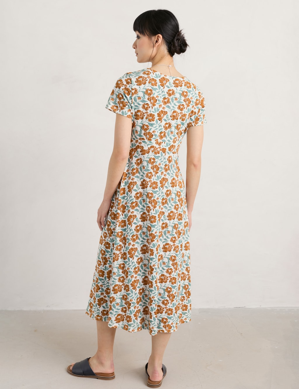 Jersey Floral V-Neck Midi Waisted Dress image 3