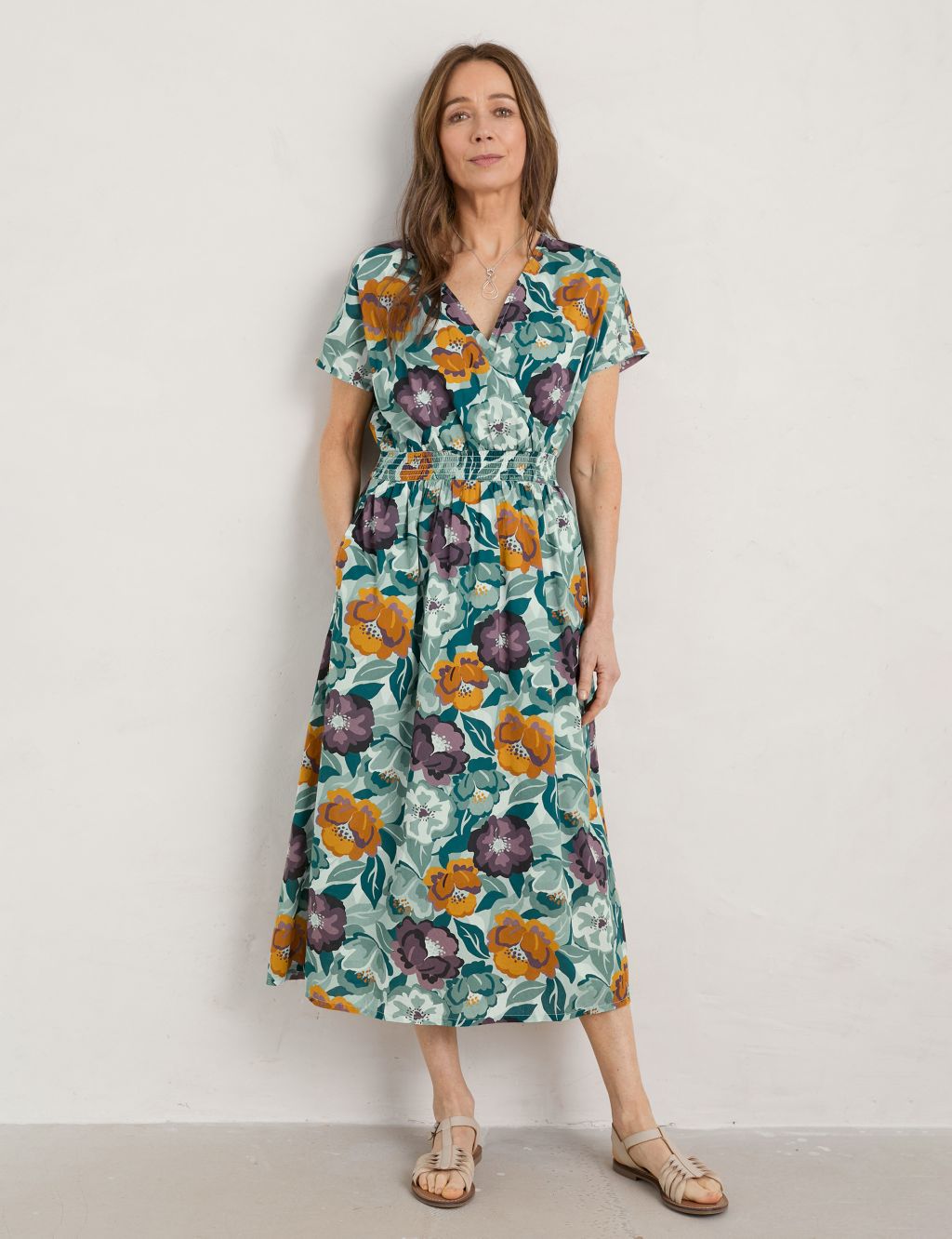 Organic Cotton Floral V-Neck Midi Dress image 1