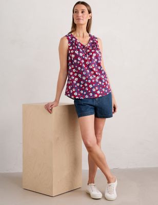 Seasalt Cornwall Women's Pure Cotton Floral V-Neck Vest Top - 22 - Red Mix, Red Mix