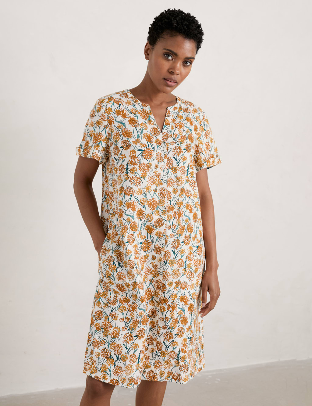 Pure Linen Floral V-Neck Shift Dress image 1