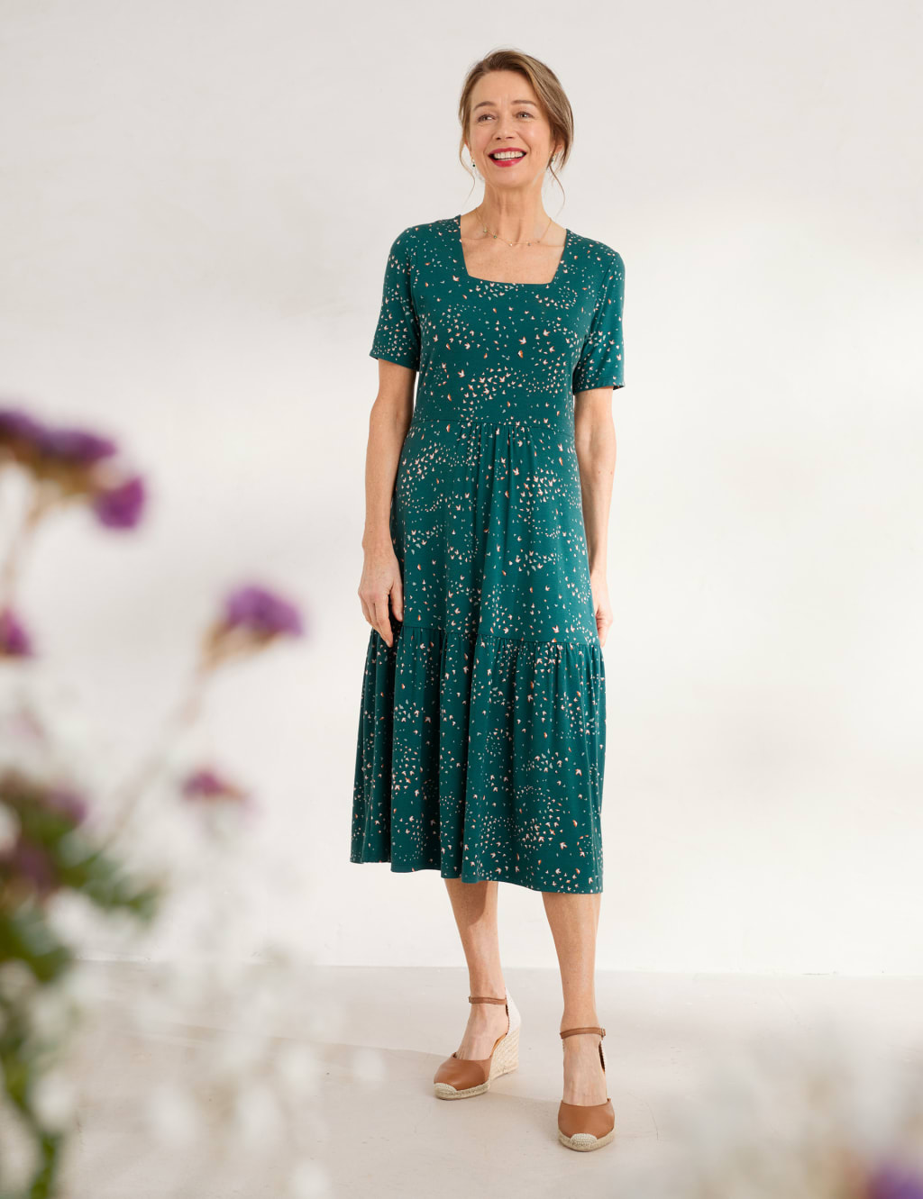 Jersey Printed Square Neck Midi Tiered Dress image 1