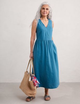 Seasalt Cornwall Women's Pure Linen V-Neck Midaxi Waisted Dress - 12 - Blue, Blue