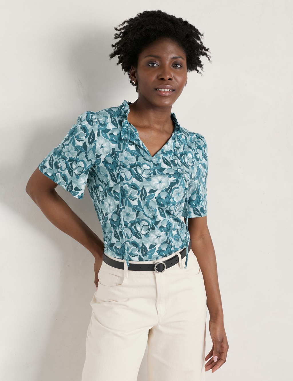 Cotton Blend Floral Frill Detail Top image 2
