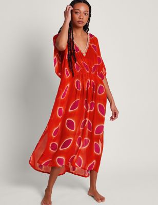 Monsoon Womens Printed V-Neck Beach Cover Up Kaftan - M - Red, Red
