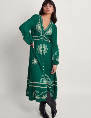 Monsoon Women's Embroidered V-Neck Maxi Smock Dress - 16 - Green Mix, Green Mix