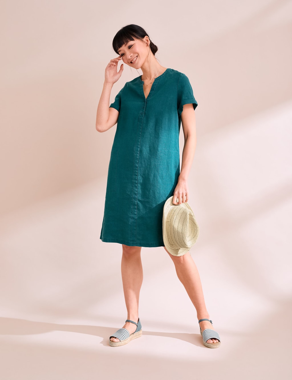 Pure Linen V-Neck Knee Length Shift Dress image 1