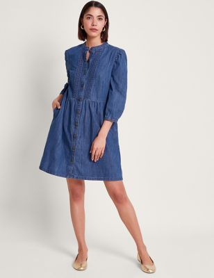 Monsoon Womens Pure Cotton Denim Pintuck Mini Shirt Dress - XL - Blue Denim, Blue Denim