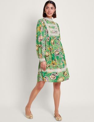 Monsoon Women's Floral High Neck Embroidered Smock Dress - Green Mix, Green Mix