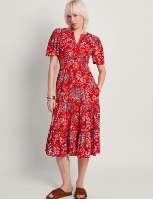 Monsoon Womens Cotton Rich Floral Notch Neck Midi Dress - Red, Red