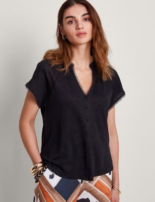 Monsoon Womens Pure Linen Lace Detail T-Shirt - M - Black, Black