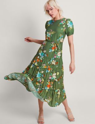 Monsoon Women's Floral Slash Neck Midi Tiered Dress - 12 - Green, Green