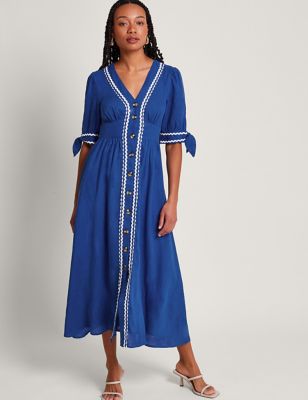 Monsoon Women's Linen Blend V-Neck Midaxi Waisted Dress - Cobalt, Cobalt