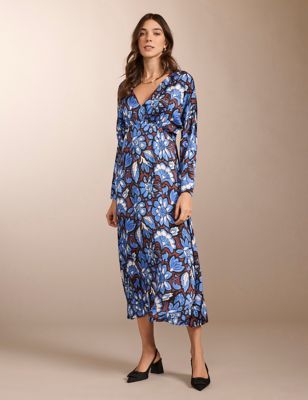 Baukjen Womens Floral V-Neck Midaxi Waisted Dress - 14 - Blue Mix, Blue Mix