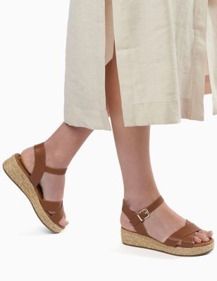 Dune London Womens Leather Ankle Strap Wedge Sandals - 8 - Tan, Tan,Ecru,Gold