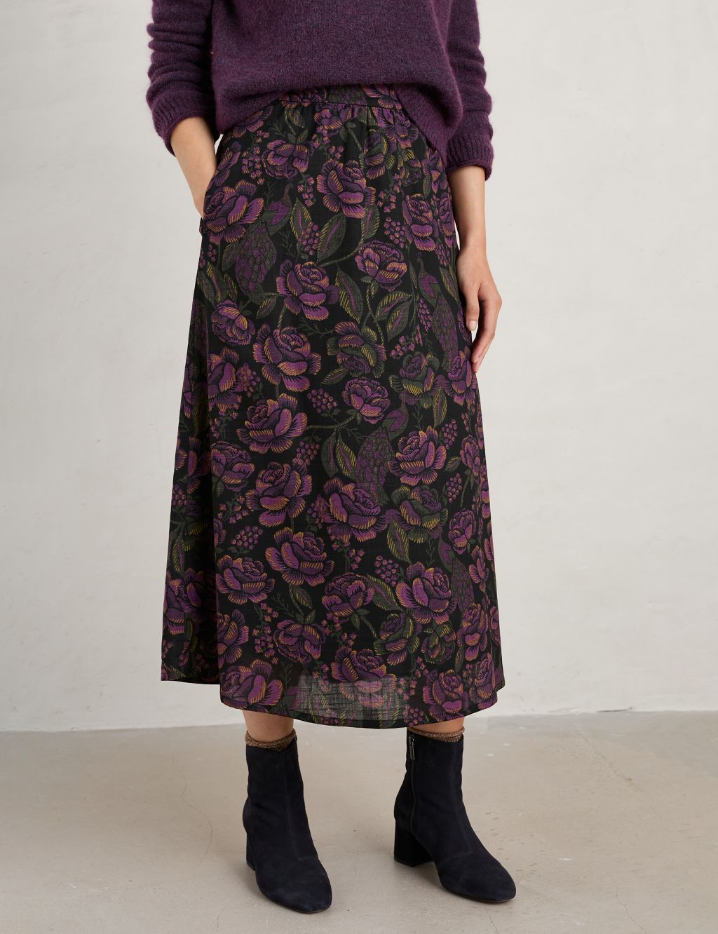 Cotton Rich Floral Midi A-Line Skirt image 4