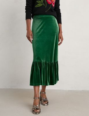 Seasalt Cornwall Womens Velvet Midi Tiered Skirt - 14 - Green, Green