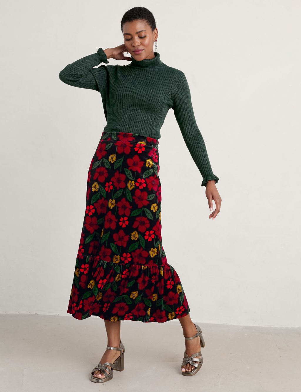 Velvet Floral Midi A-Line Skirt