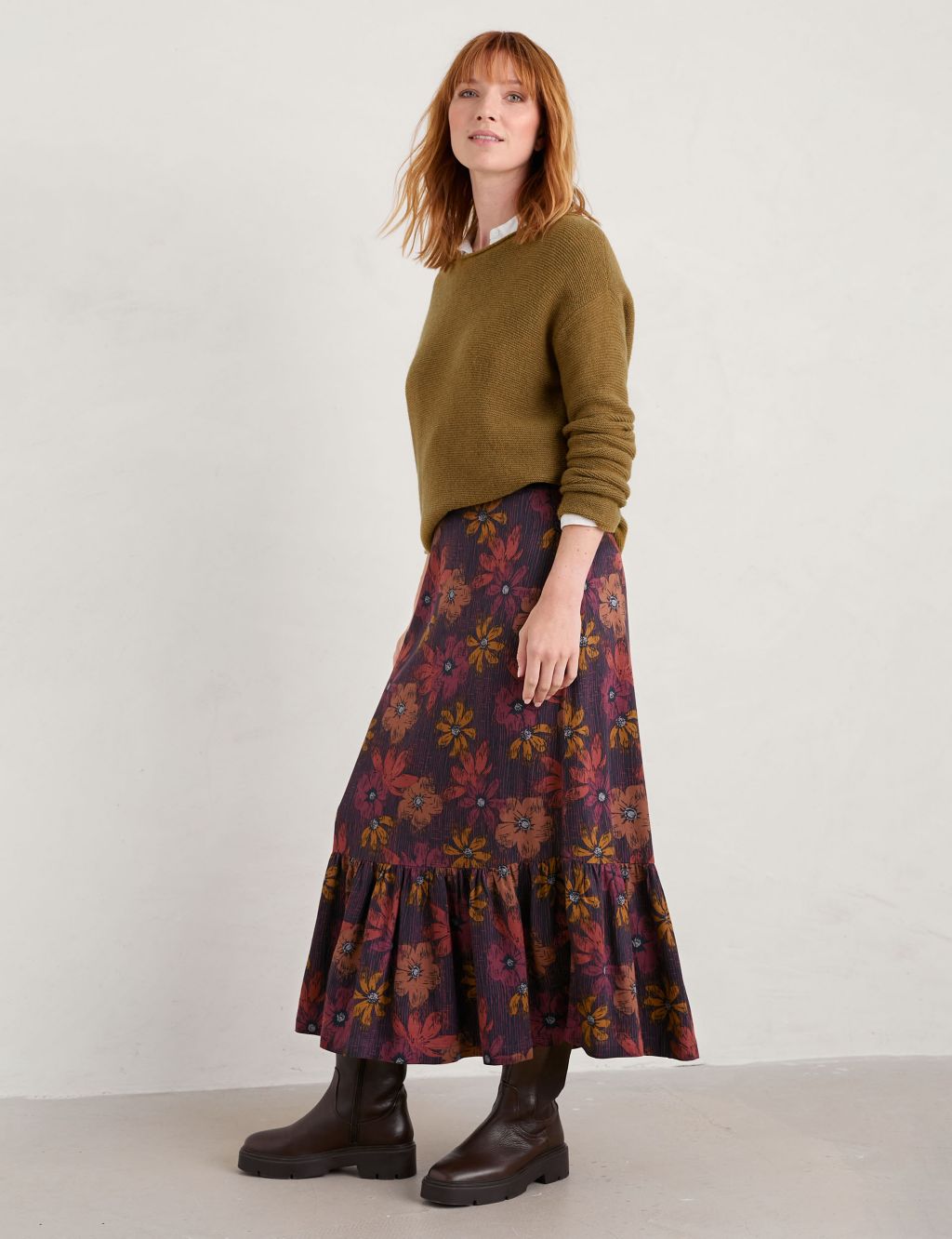 Floral Midi A-Line Skirt with Linen image 1