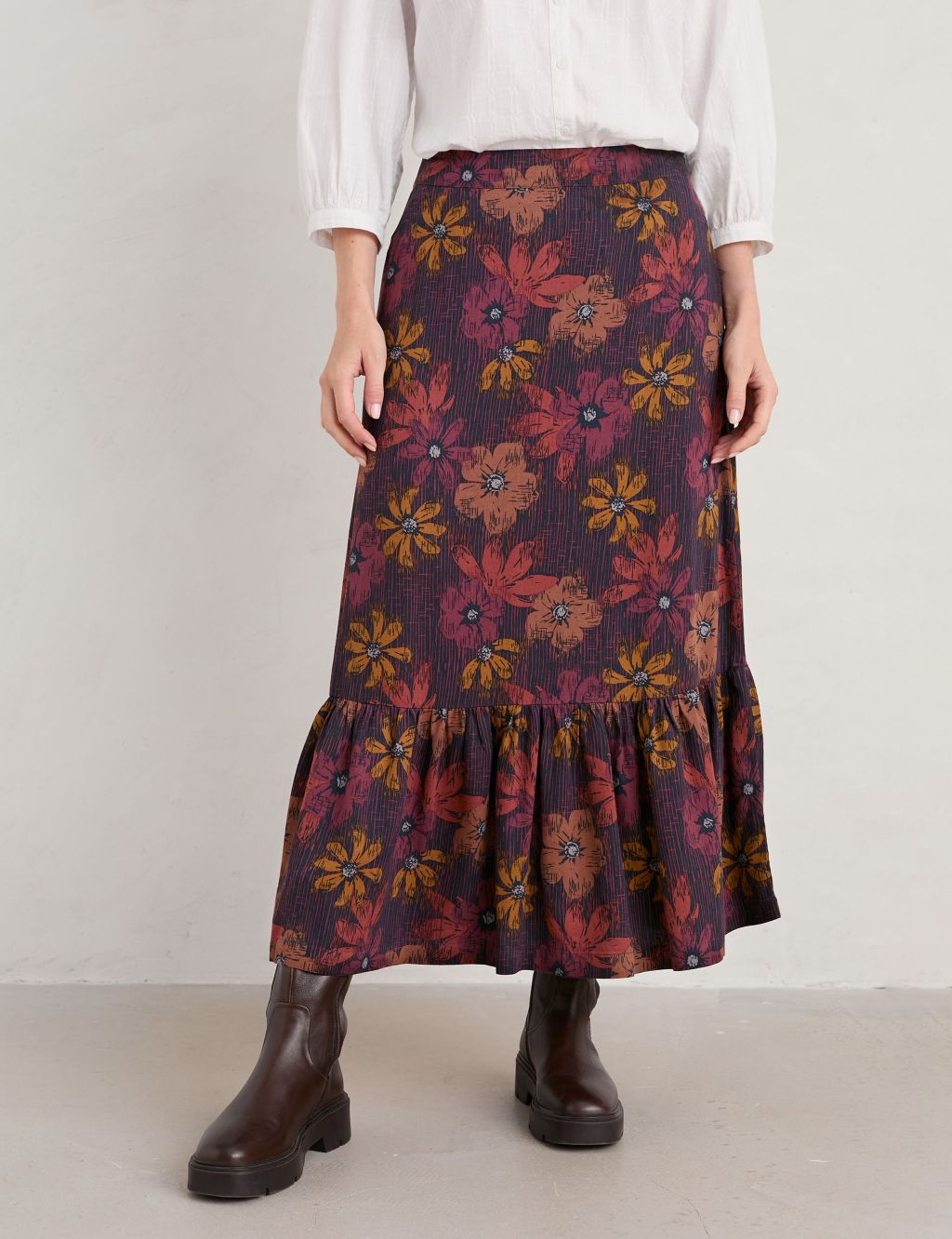 Floral Midi A-Line Skirt with Linen image 3
