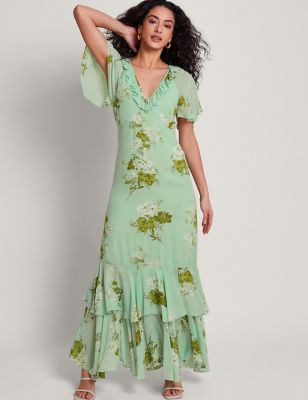 Monsoon Women's Floral V-Neck Ruffle Tiered Maxi Dress - 24 - Green, Green