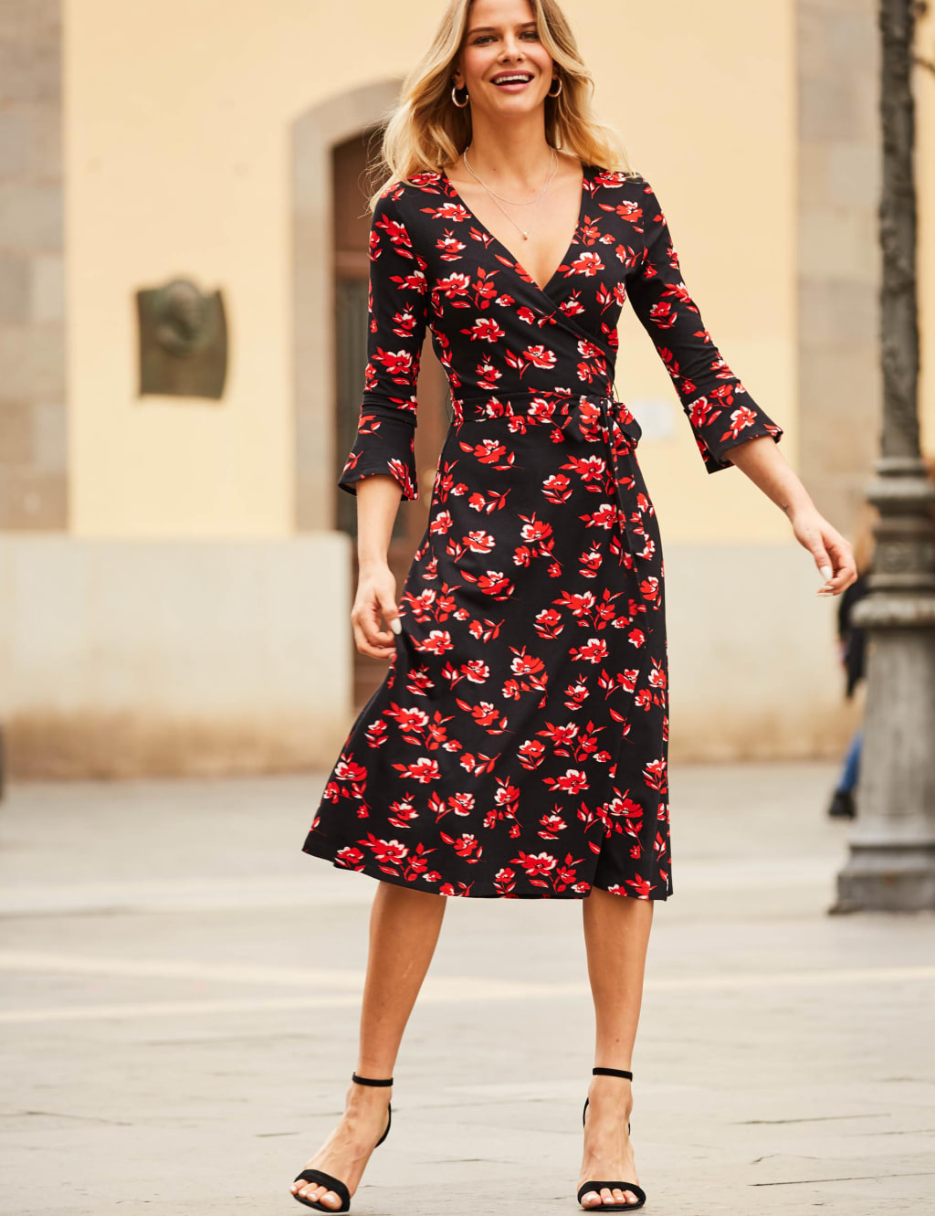 Floral V-Neck Tie Waist Midi Wrap Dress image 2