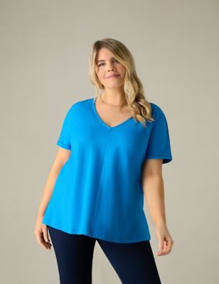 Live Unlimited London Women's Pure Cotton V-Neck T-Shirt - 18 - Blue, Blue